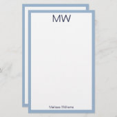 Eenvoudig Bord Blauw & Wit Monogrammed Persoonlijk Briefpapier (Voorkant / Achterkant)