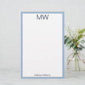 Eenvoudig Bord Blauw & Wit Monogrammed Persoonlijk Briefpapier (Staand voorkant)
