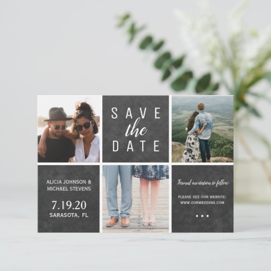 Eenvoudig bord wit 3 fotocollage bruiloft save the date (Staand voorkant)