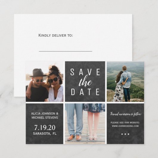 Eenvoudig bord wit 3 fotocollage bruiloft save the date (Voorkant / Achterkant)