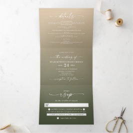 Eenvoudig bosgroen en geel goudhuwelijk drieluik uitnodiging