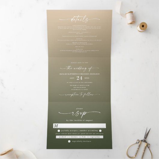 Eenvoudig bosgroen en geel goudhuwelijk drieluik uitnodiging (Binnen)