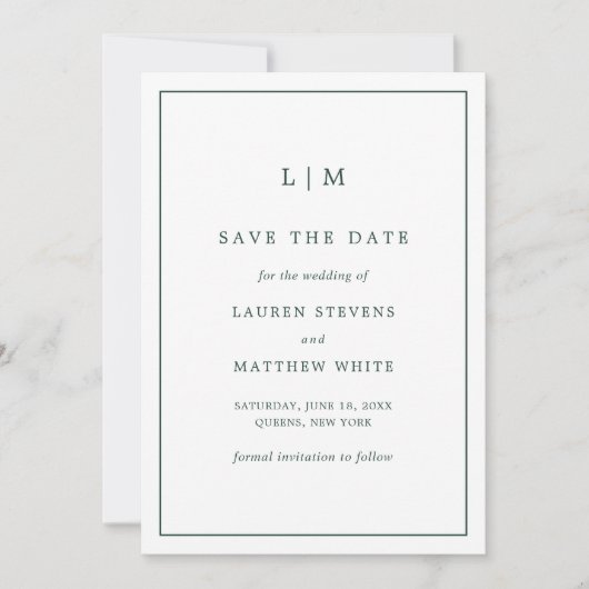 Eenvoudig bosgroen monogram elegante bruiloft save the date (Voorkant)