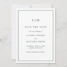 Eenvoudig bosgroen monogram elegante bruiloft save the date