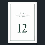 Eenvoudig bosgroen monogram elegante trouw kaart<br><div class="desc">Eenvoudig trouwtafelnummer met een modern en elegant ontwerp met uw tweeletterig monogram en tafelnummer omgeven door een dunne rand. Alle ontwerpelementen zijn bosgroen op een witte achtergrond en kunnen worden gewijzigd in elke gewenste kleur in de ontwerpbewerkingstool. Een chic en stijlvol ontwerp dat ideaal is voor een minimalistisch stel. Voeg...</div>