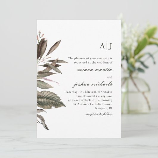 Eenvoudig botanisch boeket met monogrammen Foto Kaart (Staand voorkant)