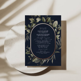 Eenvoudig Botanisch en RSVP QR Code Navy Weddensch Folie Uitnodiging