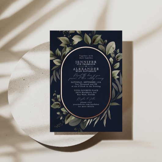 Eenvoudig Botanisch en RSVP QR Code Navy Weddensch Folie Uitnodiging