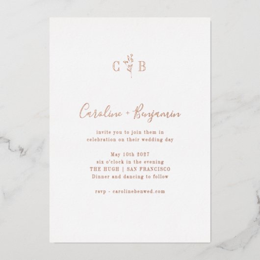Eenvoudig botanisch monogram boho bruiloft roze go folie uitnodiging (Voorkant)