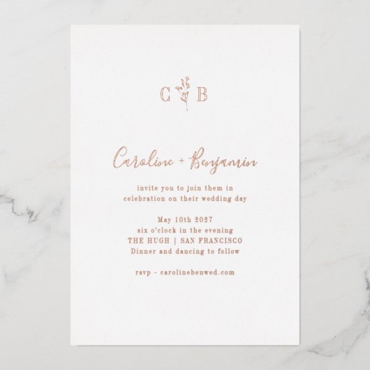 Eenvoudig Botanisch Monogram Boho Weddenschap Roos Folie Uitnodiging (Voorkant)