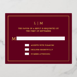 Eenvoudig Bourgondisch Monogram Elegant Huwelijk R Folie Uitnodiging Briefkaart