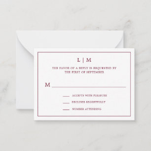 Eenvoudig Bourgondisch Monogram Elegante Mini Wedd Notitiekaartje