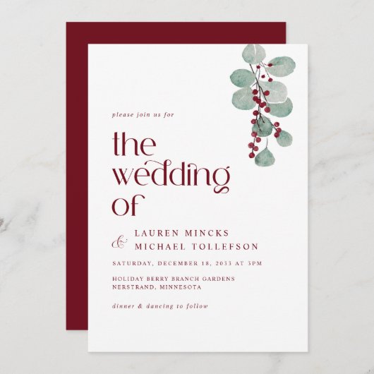Eenvoudig Bourgundy Vine Winter Wedding Modern Kaart (Voorkant / Achterkant)