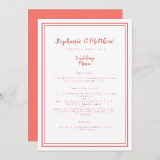 Eenvoudig bruiloft Menu Living Coral-framed Chic (Voorkant / Achterkant)