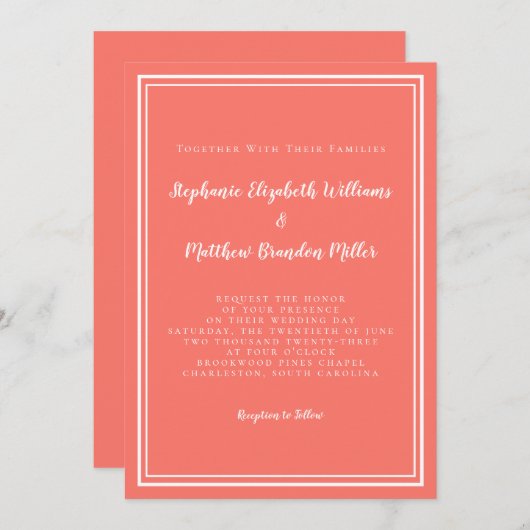 Eenvoudig bruiloft Minimalistisch Chic Coral White Kaart (Voorkant / Achterkant)