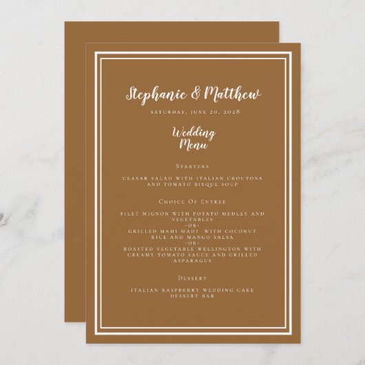 Eenvoudig bruiloft Modern Chic Rustic Brown Dinner Menu (Voorkant / Achterkant)