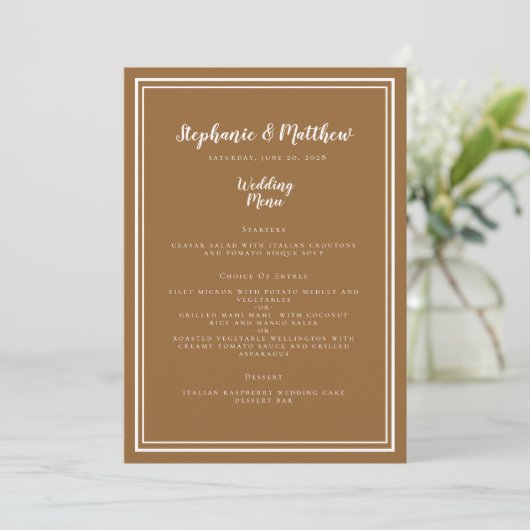 Eenvoudig bruiloft Modern Chic Rustic Brown Dinner Menu (Staand voorkant)