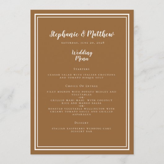 Eenvoudig bruiloft Modern Chic Rustic Brown Dinner Menu (Voorkant)