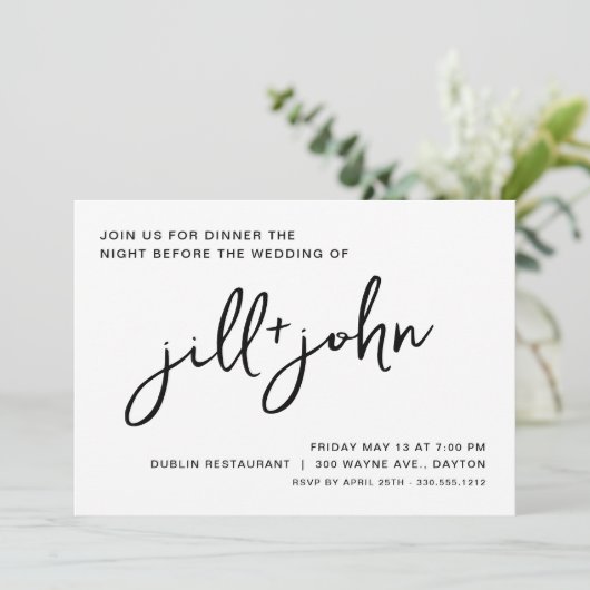 Eenvoudig bruiloft repetitie diner kaart (Staand voorkant)