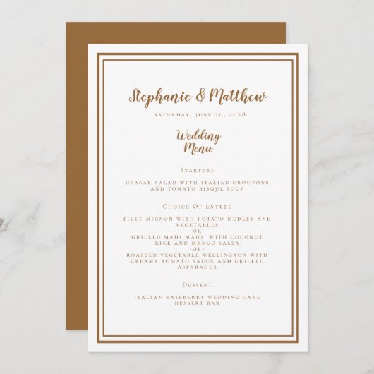 Eenvoudig bruiloft Rustic Brown Modern Chic Dinner Menu (Voorkant / Achterkant)
