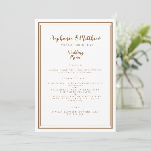 Eenvoudig bruiloft Rustic Brown Modern Chic Dinner Menu (Staand voorkant)