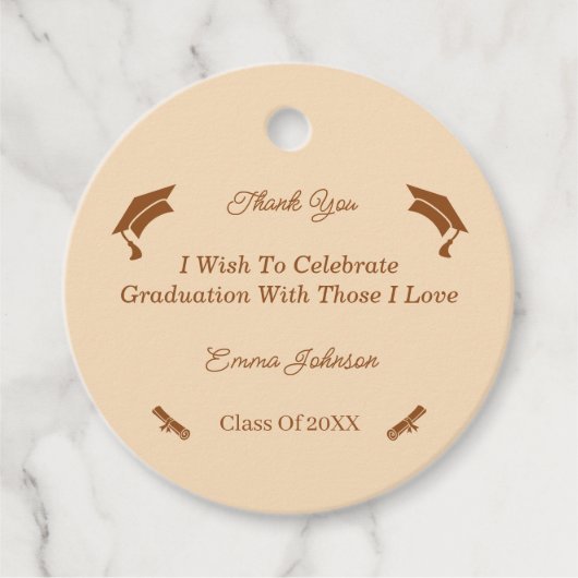 Eenvoudig bruin en beige Gepersonaliseerd Afstuder Bedankjes Labels (Voorkant)