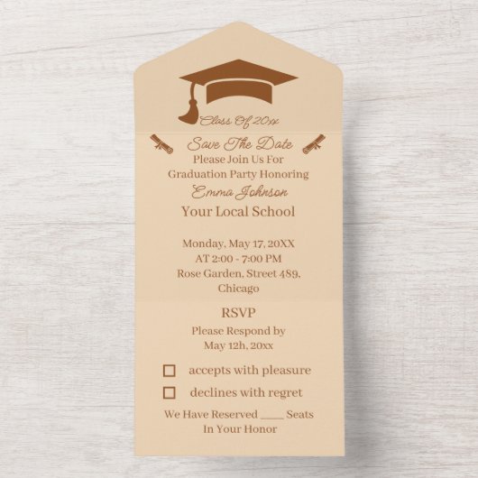 Eenvoudig bruin en beige gepersonaliseerde save th all in one uitnodiging (Binnen)