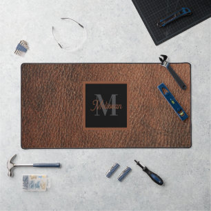 Eenvoudig bruin leren patroon monogram naam bureaumat