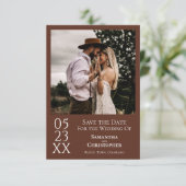 Eenvoudig bruin modern, minimaal fotohuwelijk save the date (Staand voorkant)