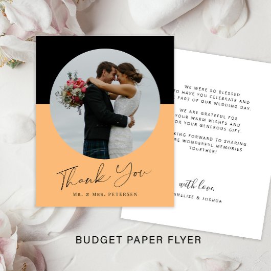 Eenvoudig budget script foto bruiloft bedankt flyer
