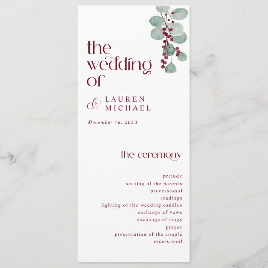 Eenvoudig Burgundy Modern Winter Wedding Programmakaart (Voorkant)