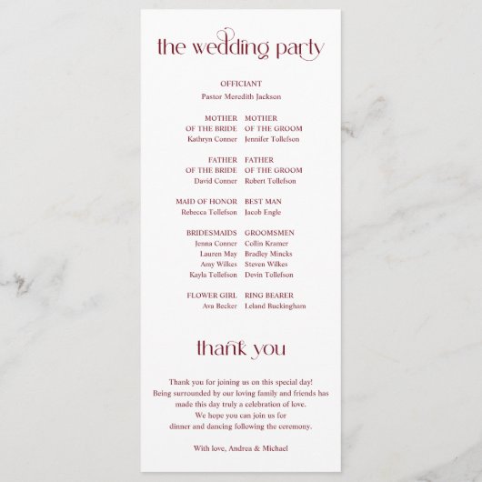 Eenvoudig Burgundy Modern Winter Wedding Programmakaart (Achterkant)