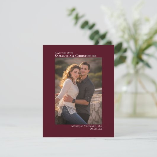 Eenvoudig Burgundy Vertical Photo Minimalist Wedde Save The Date (Staand voorkant)