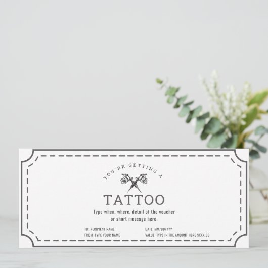 Eenvoudig cadeaubon cadeaukaart voor een tattoo op kaart (Staand voorkant)