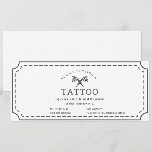 Eenvoudig cadeaubon cadeaukaart voor een tattoo op kaart (Voorkant / Achterkant)