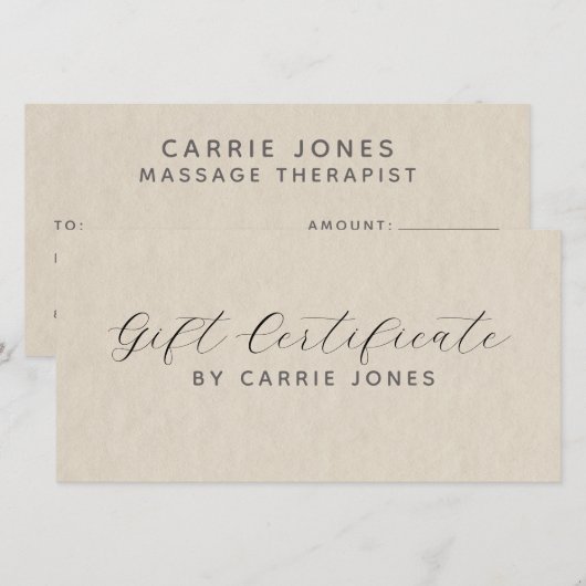 Eenvoudig cadeaubon voor massagetherapeut (Voorkant / Achterkant)