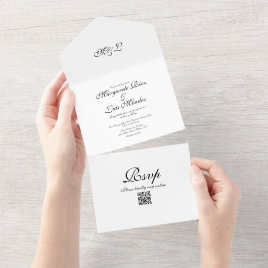 Eenvoudig Caligraphy Black White Elegant Wedding All In One Uitnodiging (Afscheurbaar)