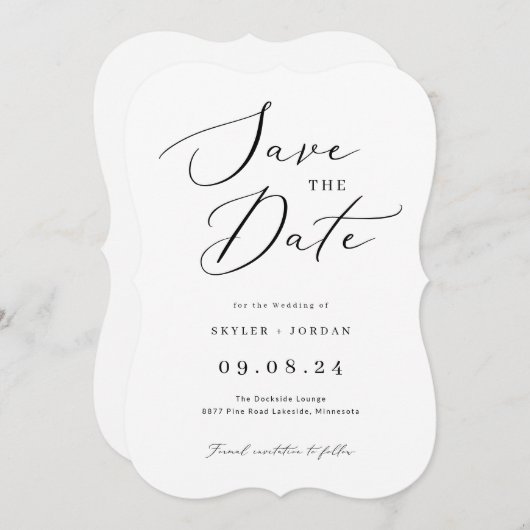Eenvoudig calligrafiekscript bruiloft save the date (Voorkant / Achterkant)