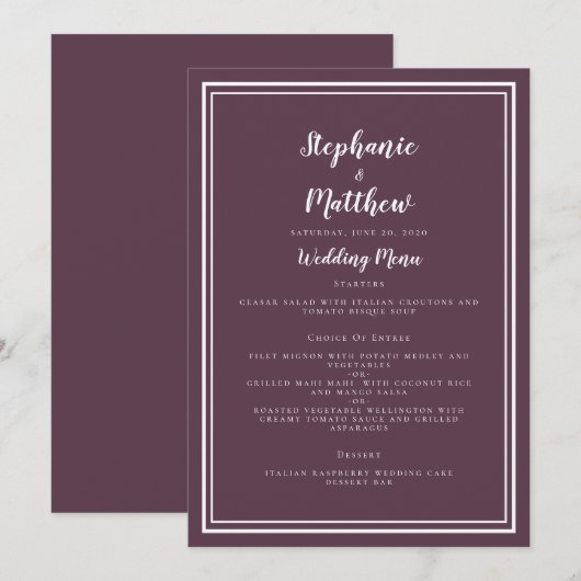 Eenvoudig Cassis Paars Weddenmenu Klassiek omgeven Menu (Voorkant / Achterkant)