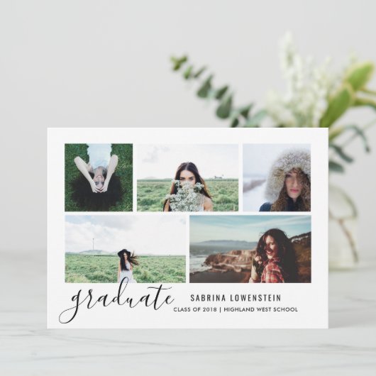 Eenvoudig Casual Chic Afstuderen script Vijf foto Kaart (Staand voorkant)