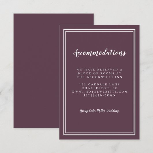 Eenvoudig chassis Paarse bruiloft Informatiekaartje (Voorkant / Achterkant)