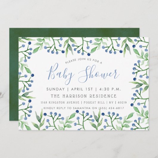 Eenvoudig Chic Blueberries Baby Shower Invitations Kaart (Voorkant / Achterkant)