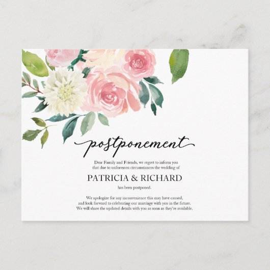 Eenvoudig Chic Blush Floral Wedding Postponement Briefkaart (Voorkant)