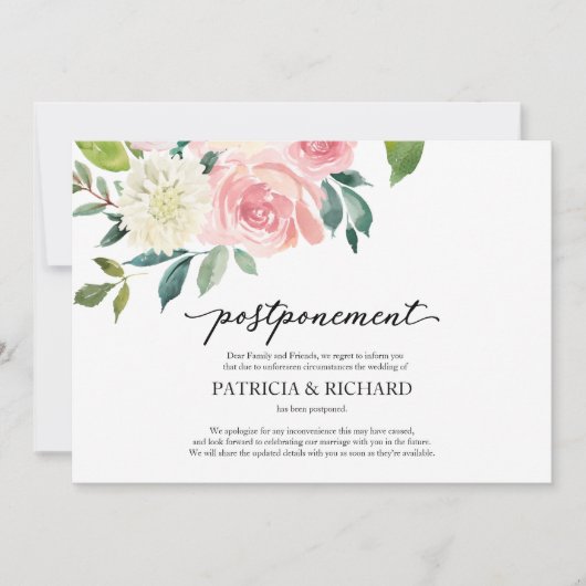 Eenvoudig Chic Blush Floral Wedding Postponement Kaart (Voorkant)