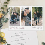 Eenvoudig Chic Custom Multi Photo Collage Wedding  Save The Date<br><div class="desc">Deze eenvoudige, stijlvolle, moderne drie fotobruiloft biedt de datum platte kaart sjabloon waarop u uw foto's kunt opslaan en 'BESPAAR de DATE' die in een elegante schaduw van roos goud is gemarkeerd en die wordt overgebracht met een opvallend mengsel van twee verschillende lettertypen, met 'en' in een licht, stromend script...</div>