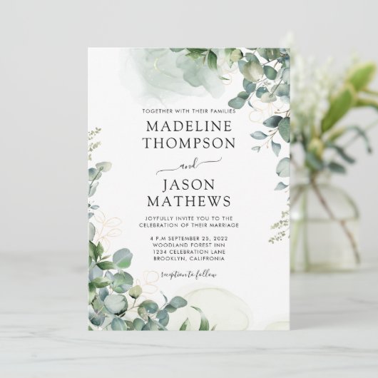 Eenvoudig Chic Eucalyptus Wash Gold Greenery Weddi Kaart (Staand voorkant)