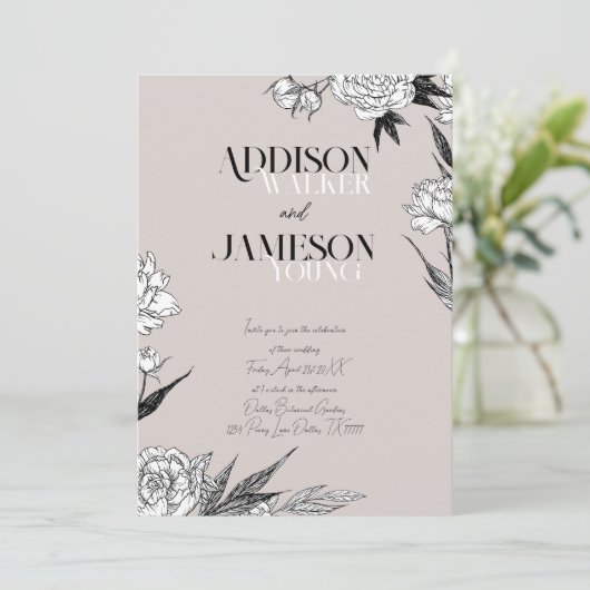 Eenvoudig Chic Floral Sketch Minimalist Wedding Ui Kaart (Staand voorkant)