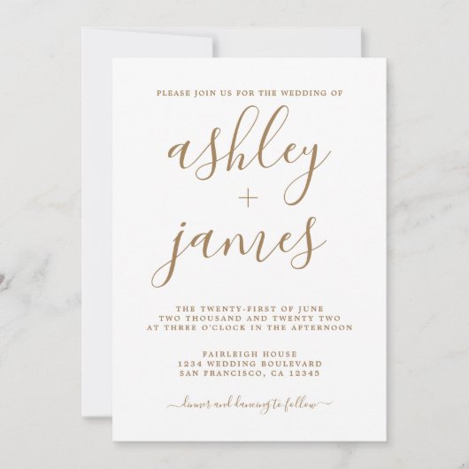 Eenvoudig Chic Gold Calligraphy Wedding Kaart (Voorkant)