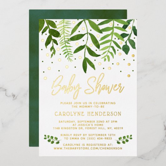 Eenvoudig Chic Greenery & Gold Baby shower Real Folie Uitnodiging (Voorkant / Achterkant)