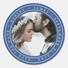 Eenvoudig Chic Save the Date Trouwfoto Blauw Ronde Sticker